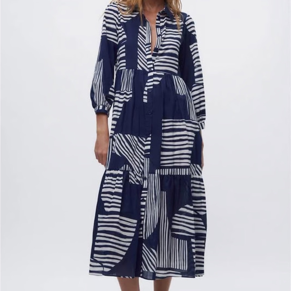 Zara Navy and White Geometric Midi Dress